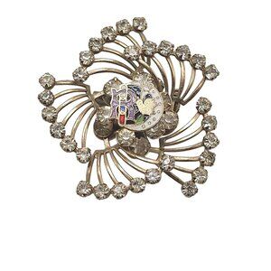 Vintage Odd Fellows Daughters Of Rebekah Enamel Clear Rhinestone Brooch Pin
